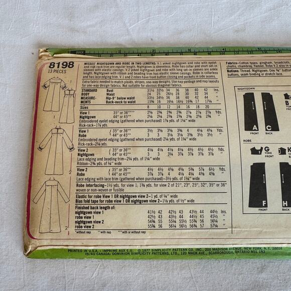 Simplicity 8198 Sewing Pattern Nightgown Robe Size 12 Miss c.1977 - Picture 3 of 5